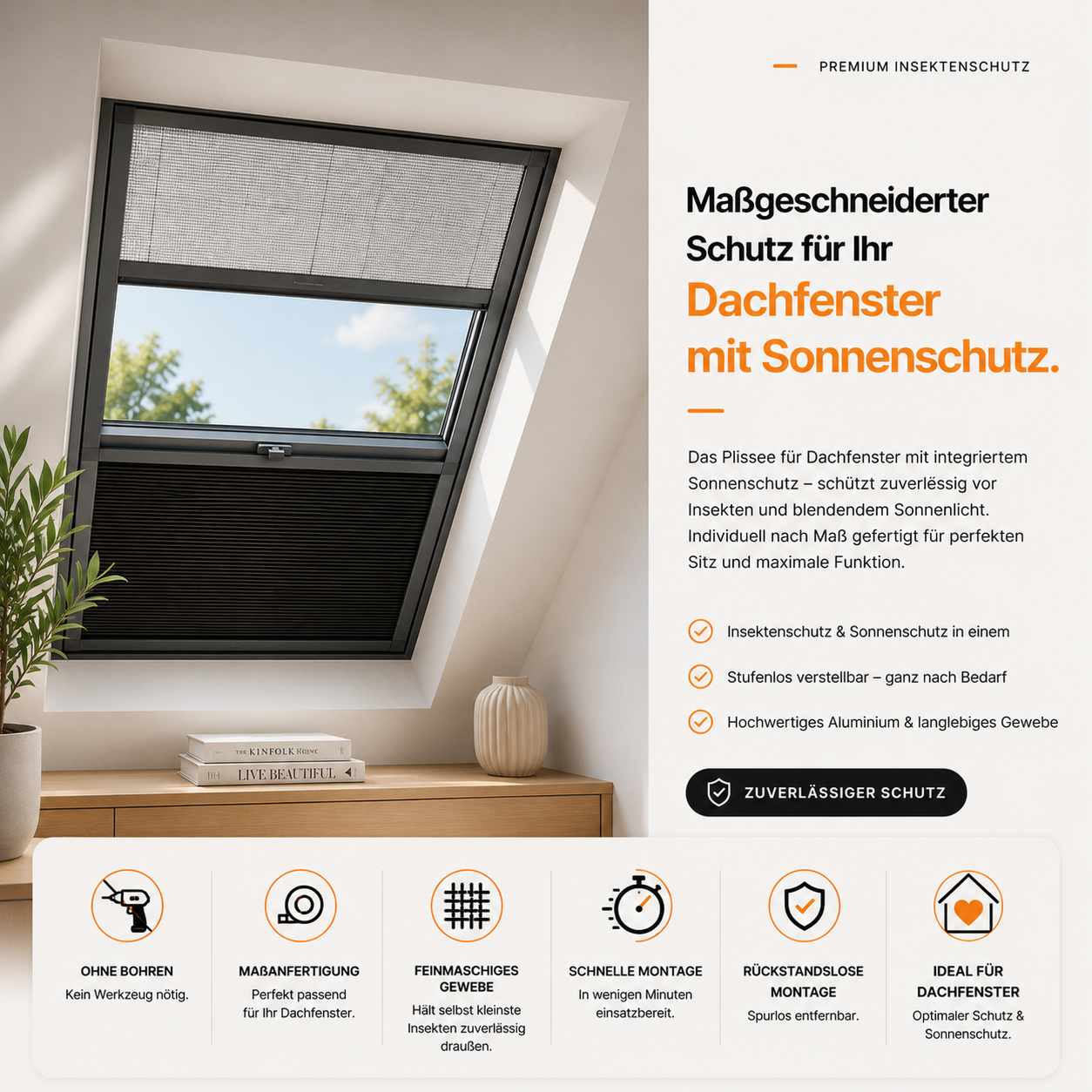 Fliegengitter Plissee Dachfenster mit Sonnenschutz