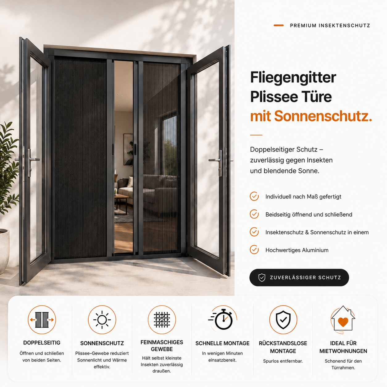 Fliegengitter Plissee Türe mit Sonnenschutz